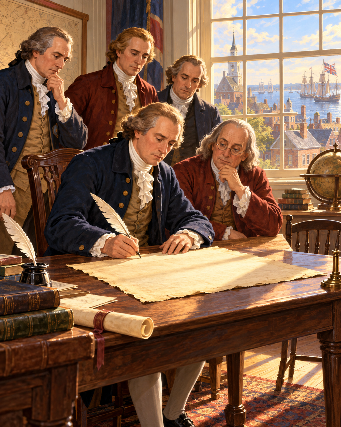 An illustration of men in 1776 clothes around a wooden table. One writes on a large paper with a quill pen while the others watch. Through the window are brick buildings and sailing ships.