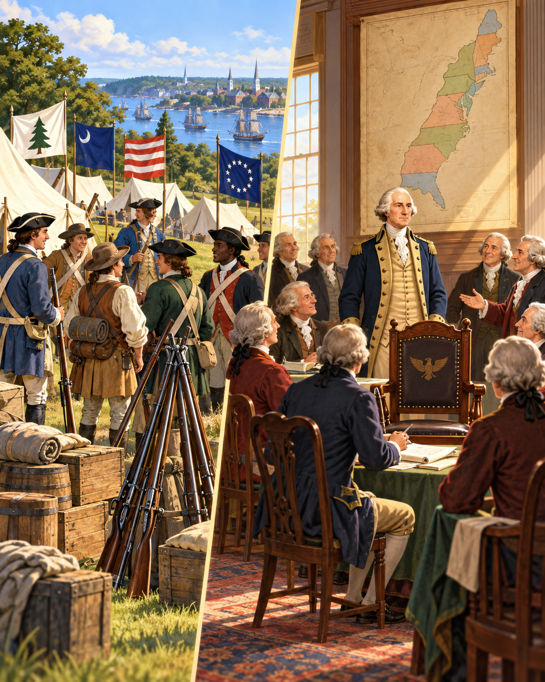 Warm, wholesome split-scene illustration for a 9-year-old: left side shows a sunny Boston-area hillside with mixed colonial militia tents, different simple flags, stacked muskets, and wooden supply crates labeled for different colonies; right side shows a bright Philadelphia meeting hall with delegates from many colonies around a table, a map of the thirteen colonies, and a empty commander’s chair. No violence, no battle gore, curious, hopeful, classroom-friendly colors.