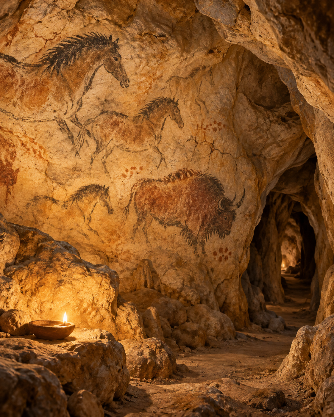 Warm, child-friendly illustration of a respectful lamp-lit cave chamber: a gentle warm glow on uneven limestone, faint outlines of horses and a bison following the swell of the rock, a narrow dark passage leading in, no people in danger, no scary shadows. Calm earth colors, curious and wonder-filled, not frightening.