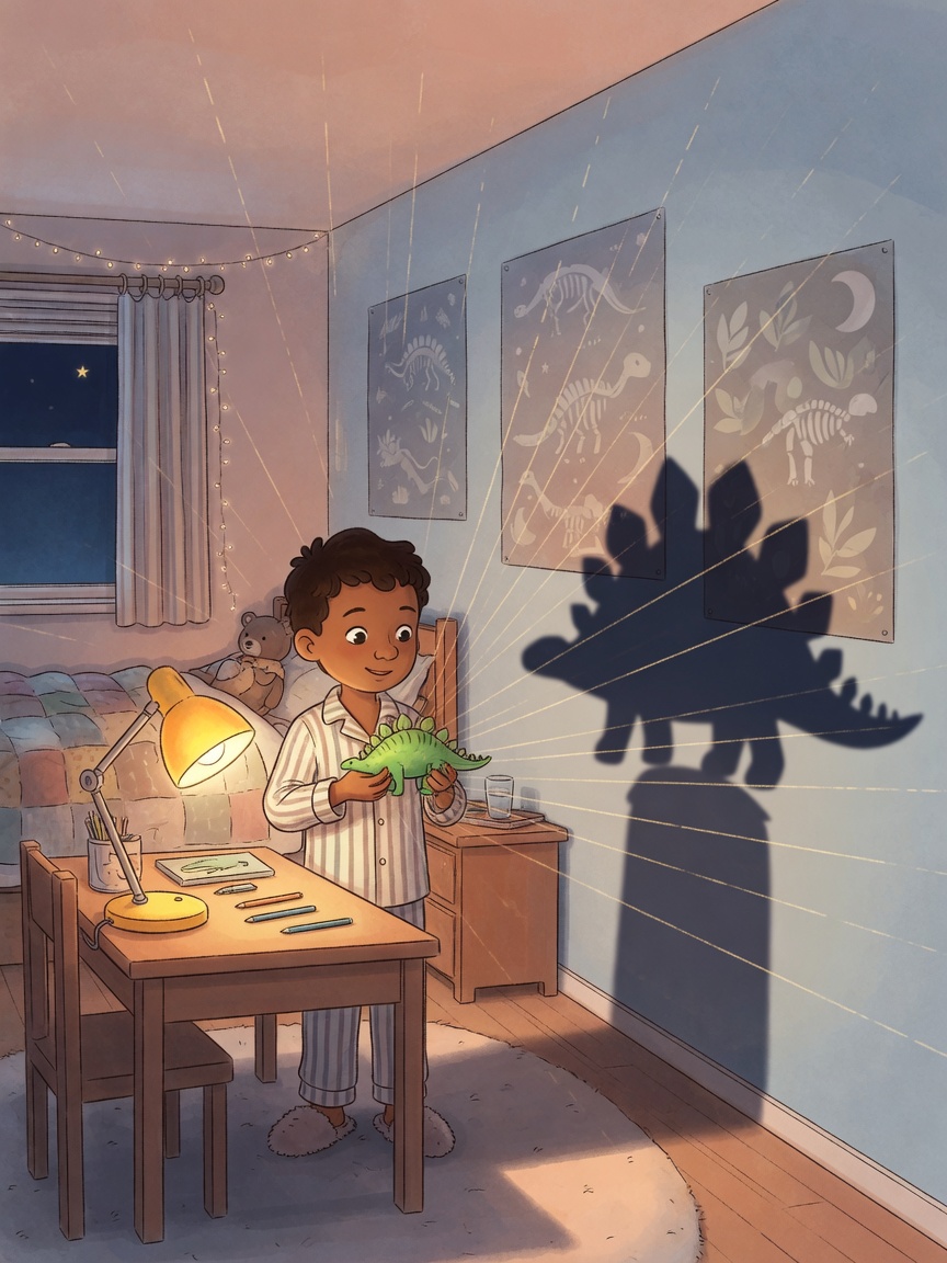 Warm, cozy bedroom at night: a 9-year-old child holds a small plastic dinosaur a few centimeters in front of a glowing desk lamp. Straight, faint light rays spread from the lamp past the toy. On the far wall, a much larger dinosaur silhouette stretches across posters. The real toy stays small in the child's hands. Calm, curious mood; no scary shadows.