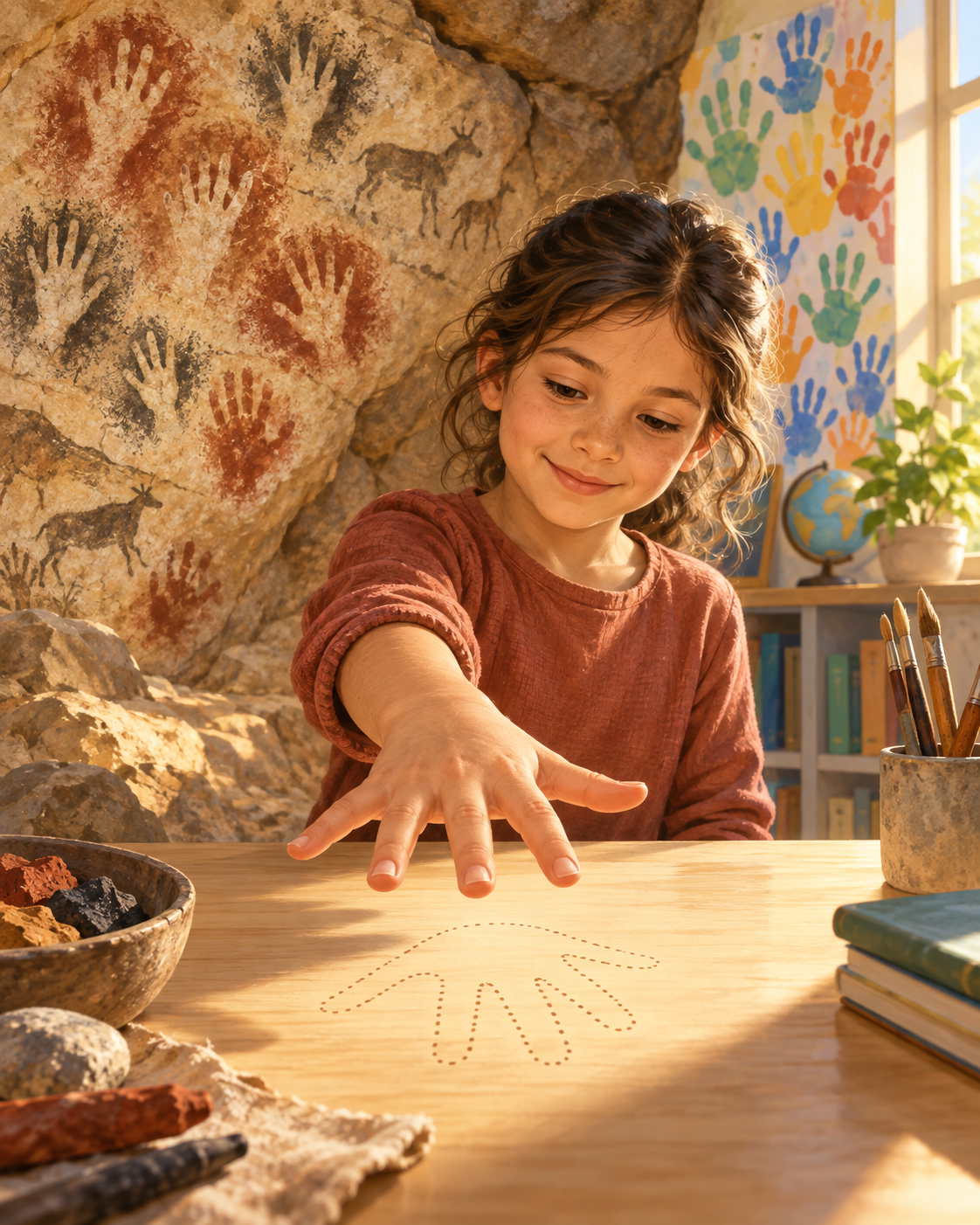 Warm, calm illustration of a child’s open hand hovering just above a sunlit table, faint dotted outline of a unique handprint below the fingers. In the background, a softly lit cave wall with clustered ochre and charcoal hand stencils at mixed heights, not dark, not spooky, plus a small modern classroom mural of overlapping colorful handprints. Kind, curious mood; no faces of fear, no dripping paint, no horror lighting.