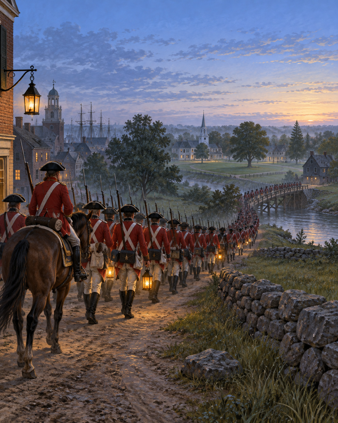 Calm predawn scene of a dirt road leaving Boston: a long column of British soldiers in red coats marching in order, lanterns and pale sky, no gore. In the distance, a village green and a wooden bridge. Soft labels: Boston, Lexington, Concord. Wholesome, curious, historically grounded illustration for a 9-year-old.