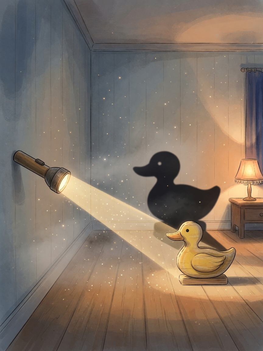 Warm, friendly side-view of a slightly misty room at night: a handheld flashlight on the left sending a straight, pale-gold beam through tiny droplet specks toward a far wall. A simple wooden toy animal stands in the beam; a crisp matching shadow falls on the wall directly behind it. Soft dust motes along the beam. No scary lighting, no faces in distress. Labels optional: flashlight (light source), straight beam, toy, shadow.
