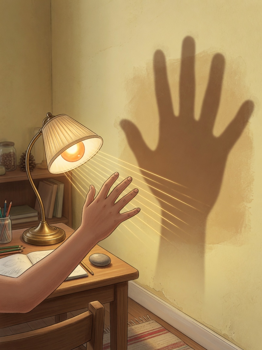 Warm, calm indoor scene: a small desk lamp shining toward a pale wall. A child’s hand is held in midair between lamp and wall, not touching either. A clear, slightly oversized hand-shaped silhouette appears on the wall. Soft golden light rays suggested as straight lines from the lamp that stop at the hand; the wall patch is simply darker, not scary. No faces in distress, no horror mood, curious and cozy.