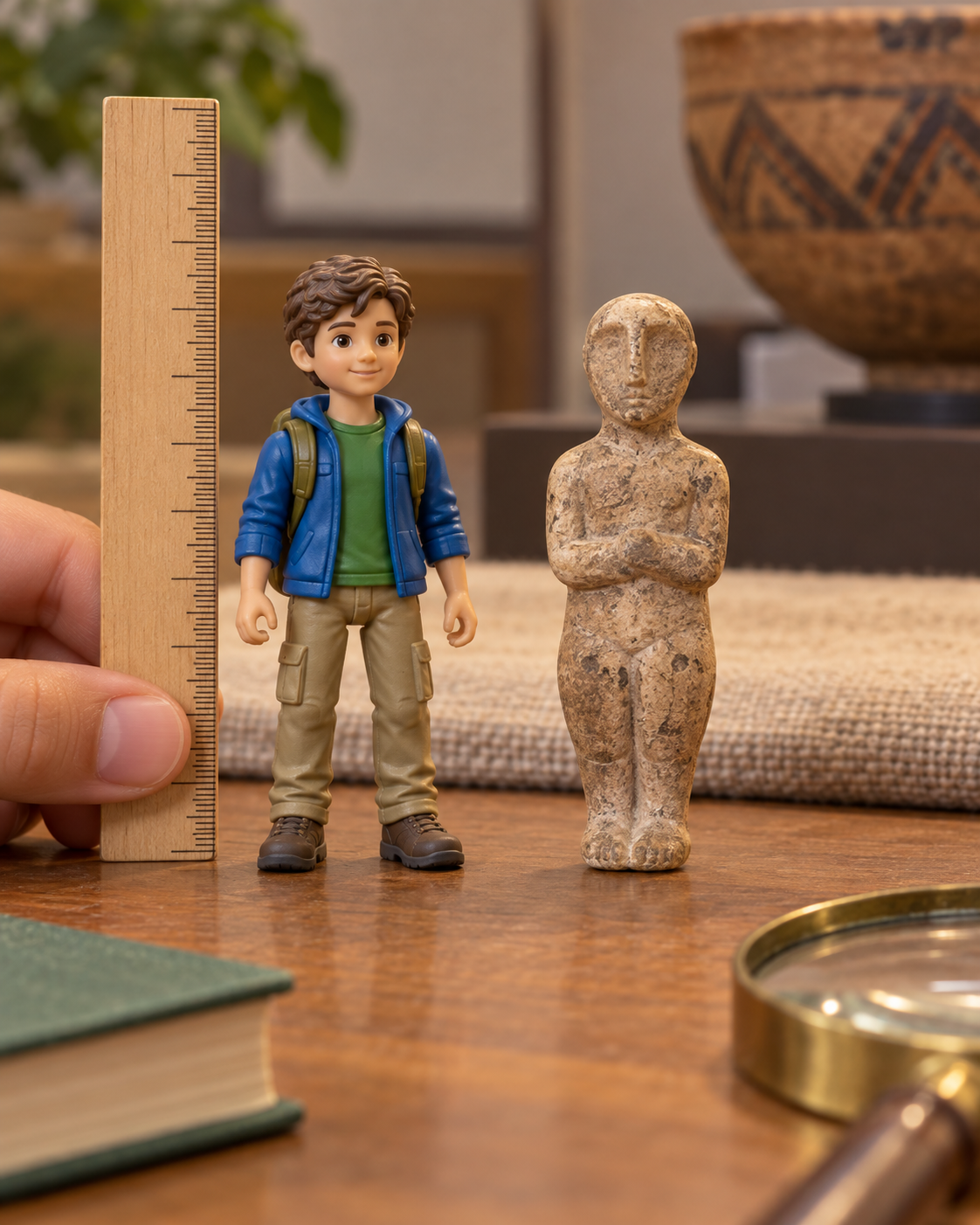 Friendly, realistic tabletop scene for ages 8–10: a modern plastic action figure in bright but not flashy clothes stands next to a small ancient-style stone or clay human figurine (smooth, worn, slightly uneven, no weapons or scary faces). Soft museum-like lighting, a simple cloth or wooden surface, a ruler or child’s hand nearby for scale. Warm, curious, never frightening; both objects clearly small and wholesome.