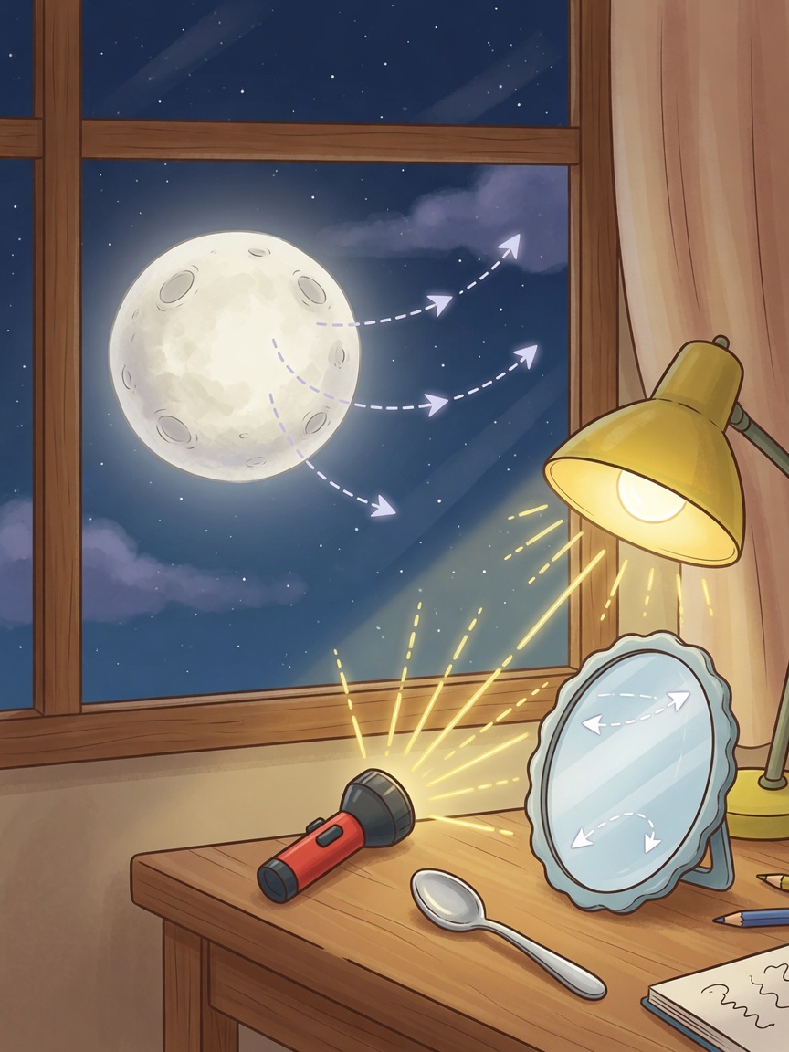 Warm, friendly night-window scene for a 9-year-old: a round, pale Moon in a dark-blue sky beside a cozy room with a desk lamp glowing yellow. A small hand-held flashlight sits on the desk next to a shiny silver spoon and a round mirror. Soft cartoon rays leave the lamp and flashlight; faint bounce-arrows leave the Moon and the mirror. No faces in distress, no darkness used as scary, wholesome and curious.