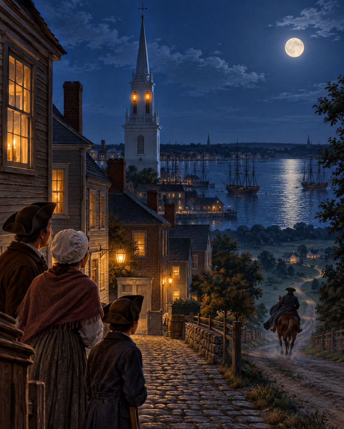A calm, moonlit colonial Boston night scene for children: cobblestone streets, wooden houses with a few candle-lit windows, the Old North Church steeple with two small lanterns glowing, a dark river, and a distant dirt road. No fighting. Soft blues and golds, hopeful and curious mood.