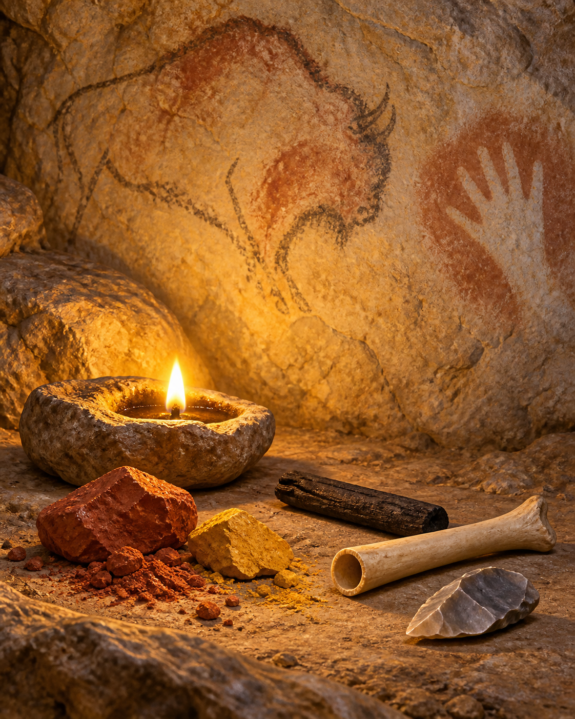 Warm, gentle illustration of a dim cave interior: a small stone lamp glowing gold on an uneven limestone wall. Nearby sit a pile of red-yellow ochre chunks, a stick of charcoal, a hollow bone tube, and a flint flake. Soft, curious atmosphere, no scary shadows, no people in danger. Hint of a faint bison outline and a pale hand shape on the wall, as if waiting to be finished.