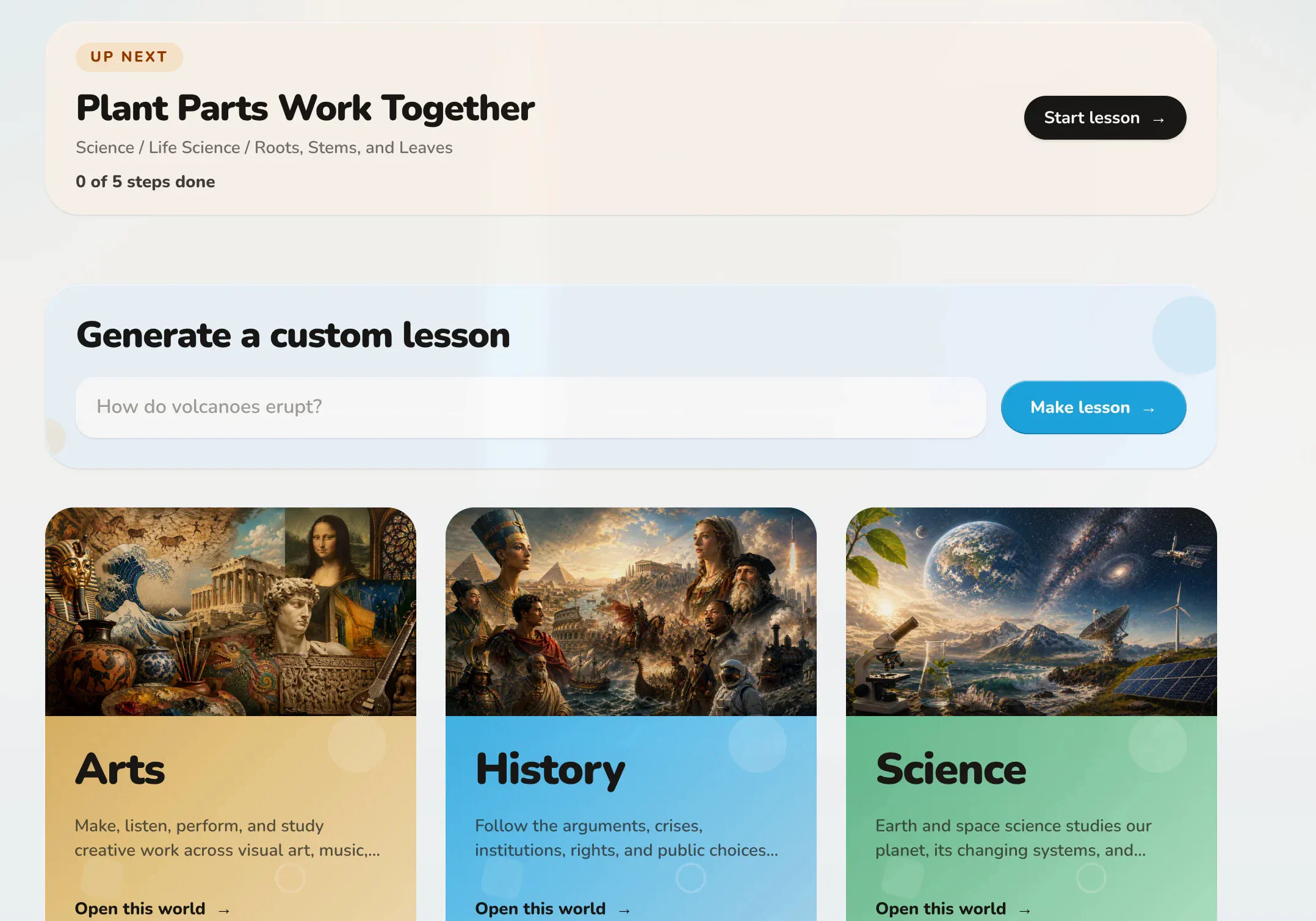 Unspool Learn home. Up next is Plant Parts Work Together, with a custom lesson prompt and Arts, History, and Science.