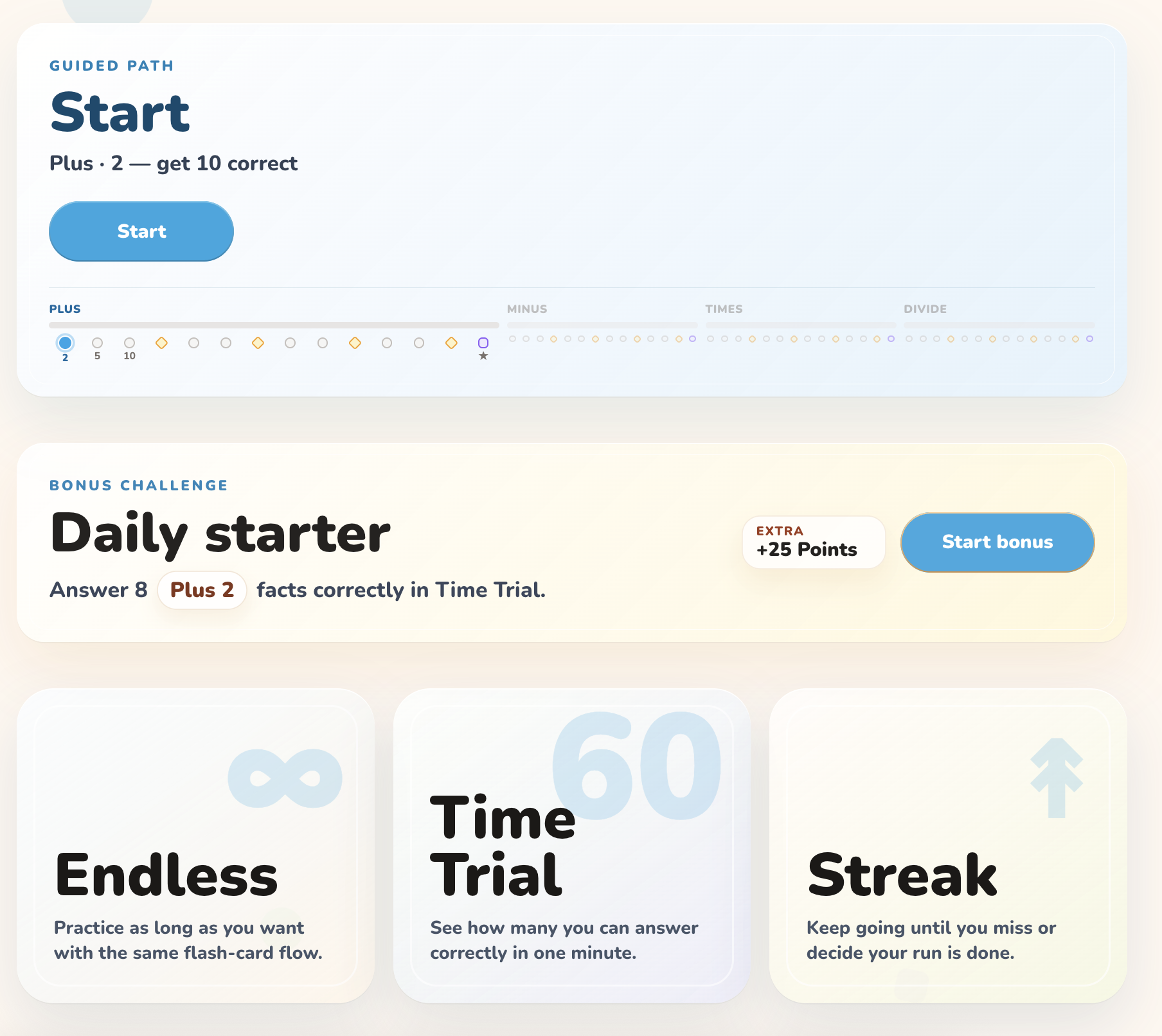 Math practice. Guided path starts Plus at 2 and get 10 correct, with Plus, Minus, Times, and Divide tracks, a bonus challenge, and Choose your own.