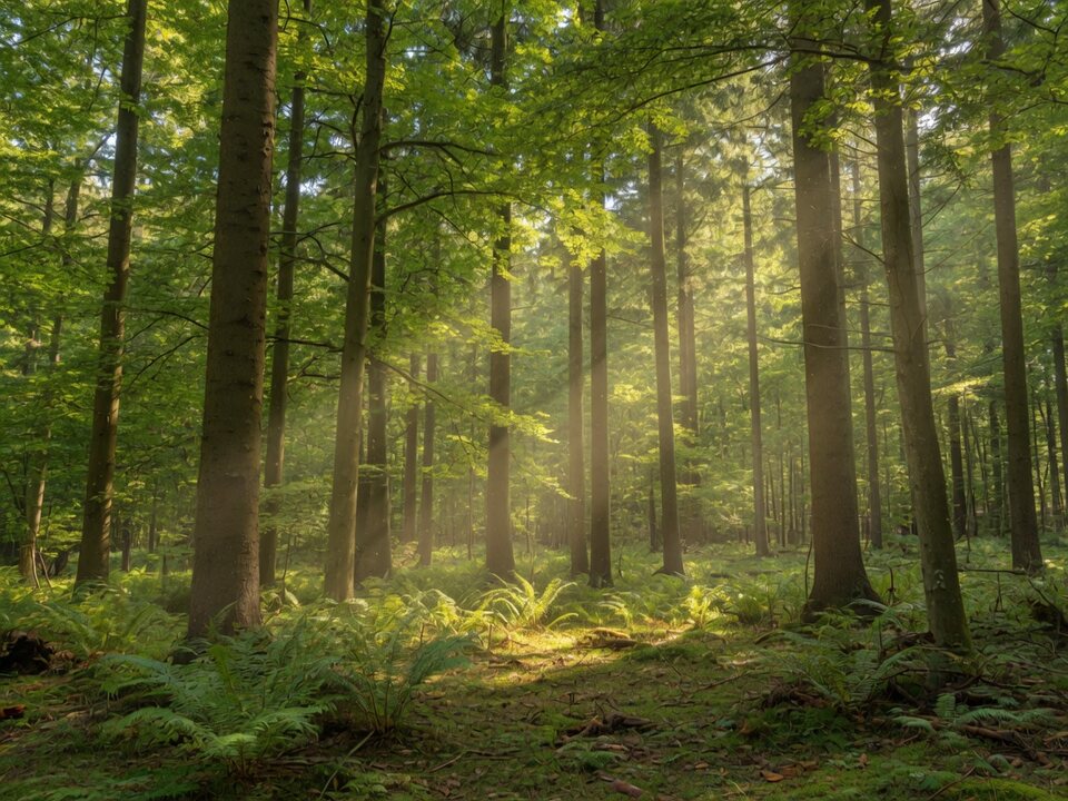 Sunlight through a stand of tall trees.