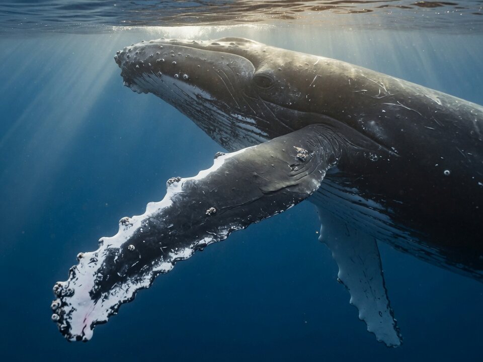 A humpback whale swimming near the surface.