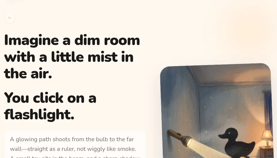 Hook. Imagine a dim room with a little mist in the air. You click on a flashlight.