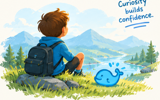 A kid with a backpack sits on a rock above a river, next to a small whale. The note reads: Curiosity builds confidence.