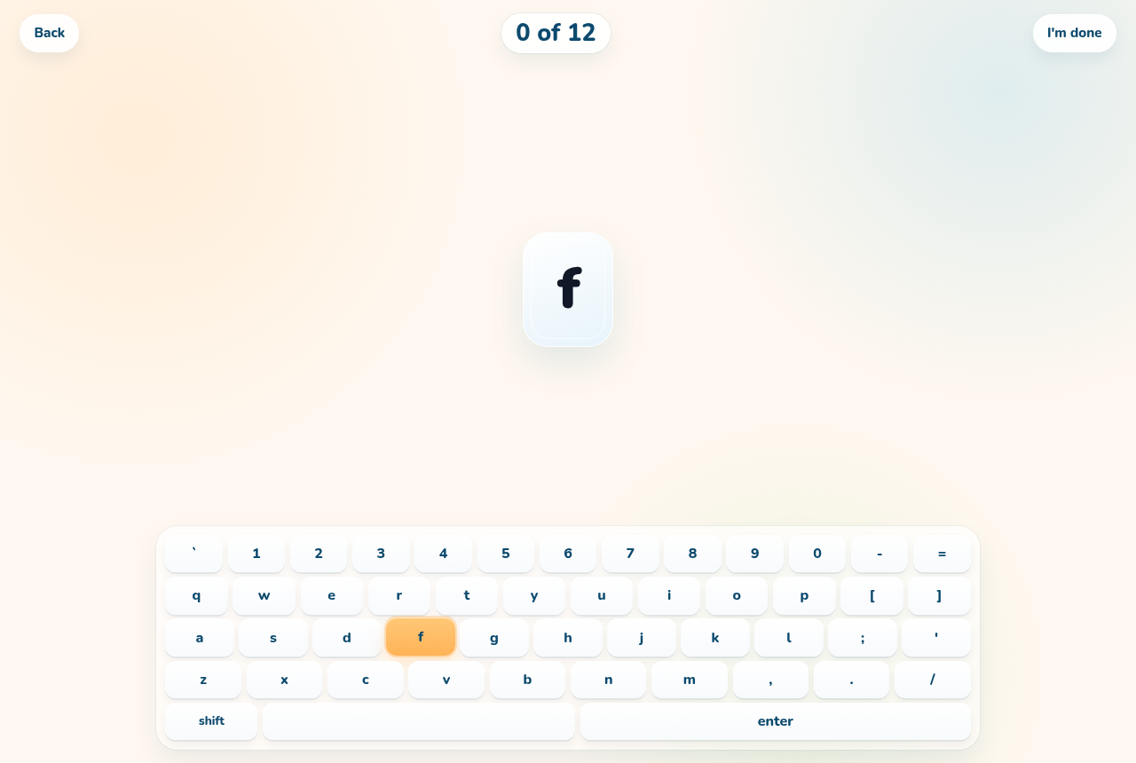 Typing practice. The prompt is the letter f, f is lit on the keyboard, and the count reads 0 of 12.